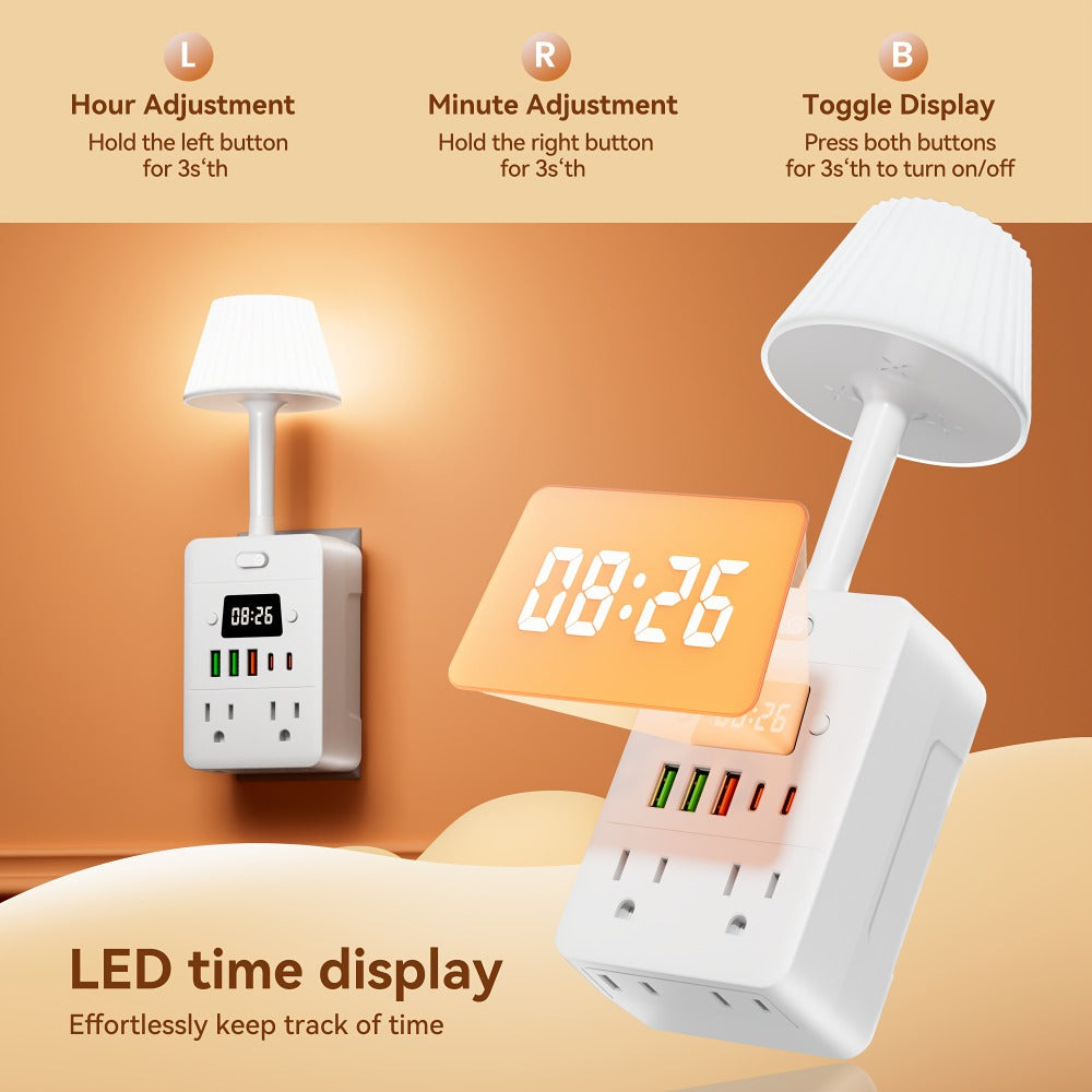 Power Strip Desktop Station with LED Clock, Desk Lamp, 4 AC Outlets, 3 USB-A, 2 USB-C and Master Switch