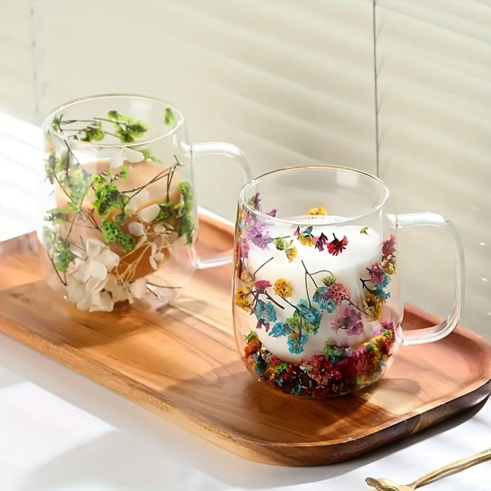 Double-Wall Glass Coffee Cup Set, Four-Piece Floral and Petal Design Mugs with Clear Handles for Tea and Lattes