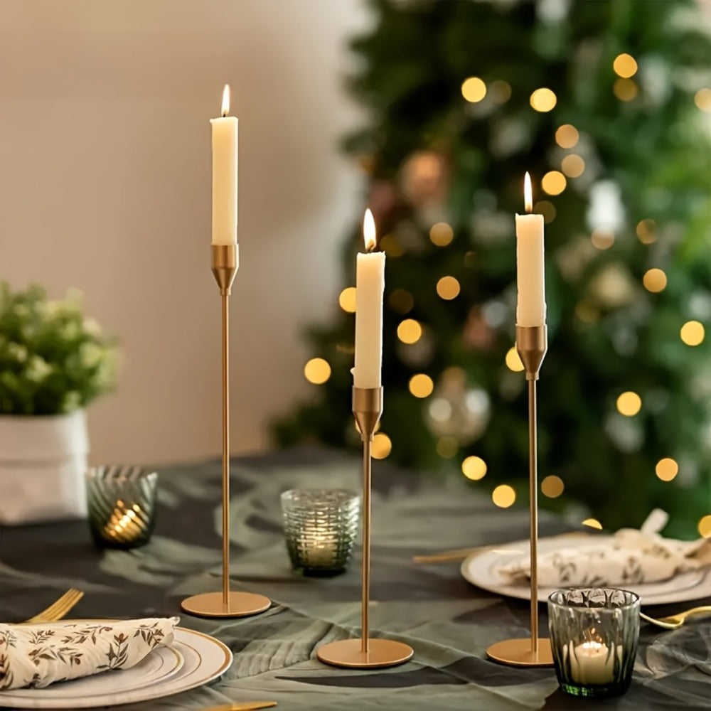Metal Taper Candle Holder Set of Six with 23cm, 28cm and 33cm Graduated Stems in Gold, Rose Gold or Black