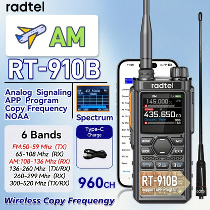 Tri-Band Ham Radio Handheld Walkie Talkie Radtel RT-910B, 6M VHF UHF Air Band Two-Way Radio, APP Programming