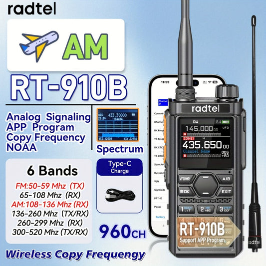 Tri-Band Ham Radio Handheld Walkie Talkie Radtel RT-910B, 6M VHF UHF Air Band Two-Way Radio, APP Programming, NOAA Weather Alert, 960 Memory Channels, USB-C Charging, Long Range Transceiver for Outdoor Camping Hiking Survival Aviation Enthusiasts