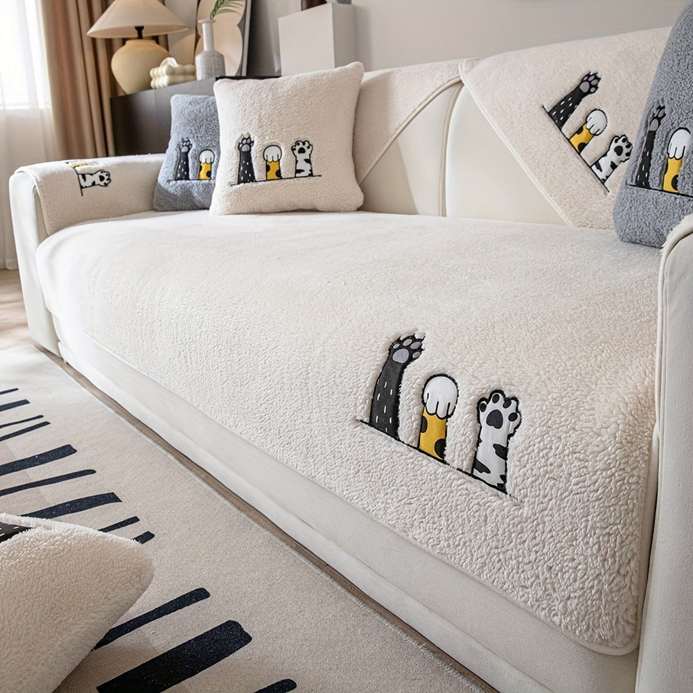 Sofa Cover, Sherpa Plush Cat-Paw Embroidered Seat Pad with Non-Slip Backing in Four Colors and Seven Sizes