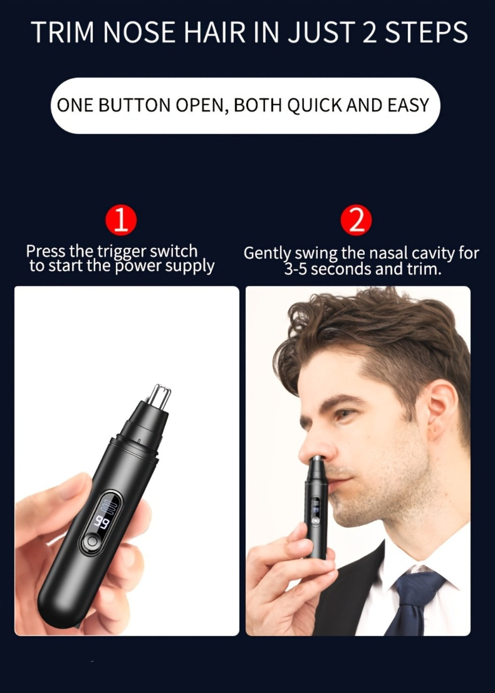 Rechargeable Nose, Ear and Eyebrow Hair Trimmer with LED Display in Two Exact Checkout Configurations