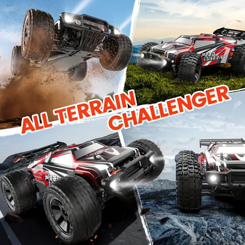 Remote Control Car, Red 4WD Monster Truck with 2.4GHz Control, Large Off-Road Tires and Four-Wheel Drive Layout