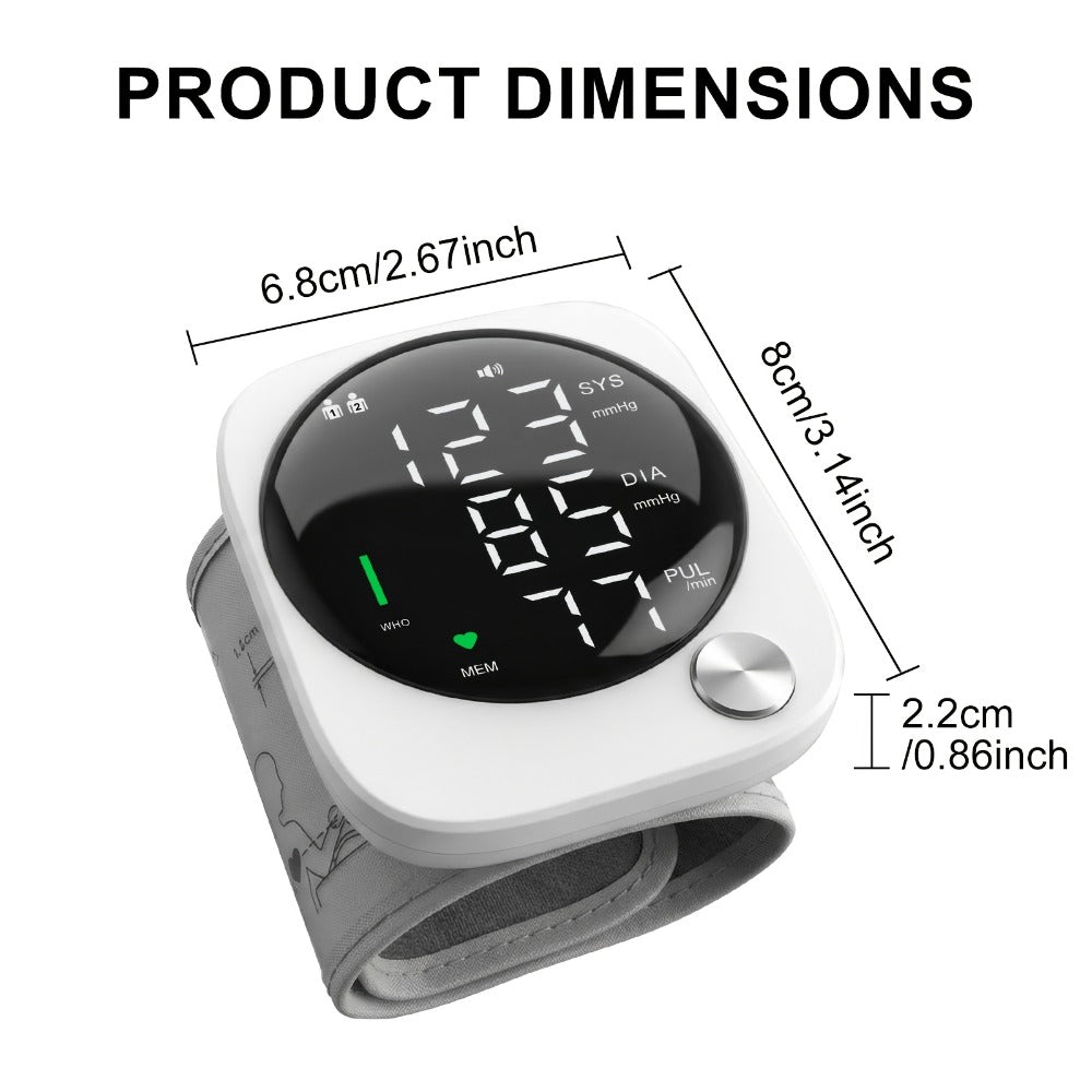 Blood Pressure Monitor Wrist Device with LCD Display, Voice Readout, Dual-User Memory and USB Rechargeable Power
