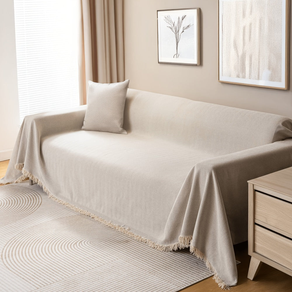 Sofa Cover Throw, Chenille Woven Fringe Slipcover in Three Colors for Three- and Four-Seat Couches