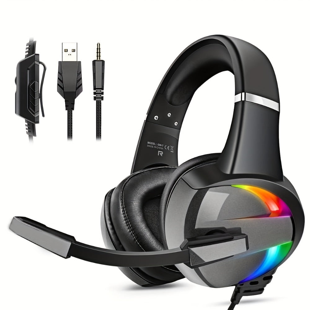 Black Wired Gaming Headset with Boom Microphone, RGB-Style Earcup Lighting and Inline Cable Controls