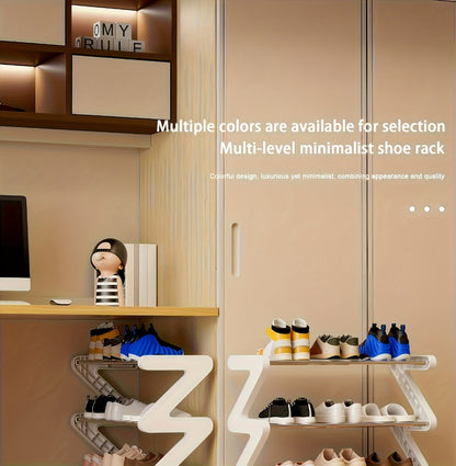Four-Tier Z-Frame Shoe Rack with Metal Tubes in Graphite Black, Dawn Pink, Gray or Breeze Blue