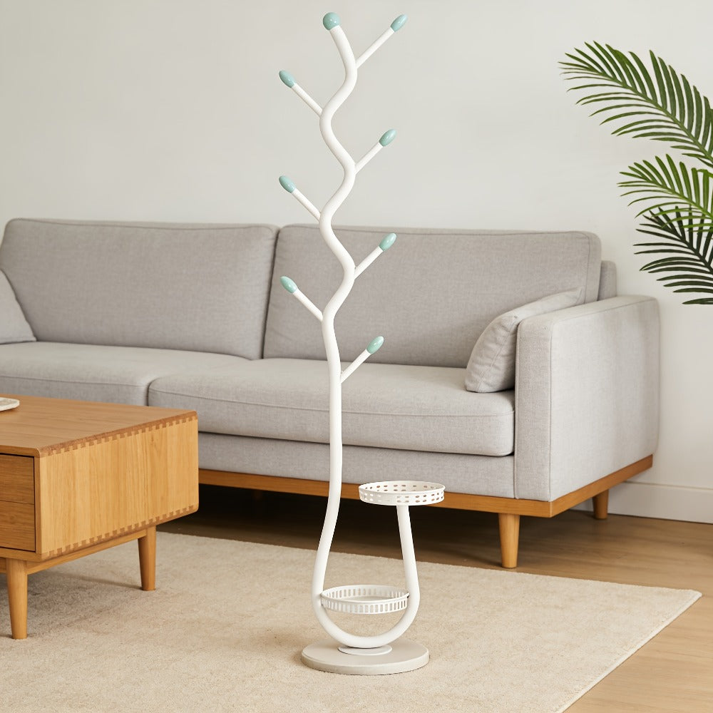 Freestanding Coat Tree with Branching Hooks, Circular Lower Shelf and White, Black or Golden Finish