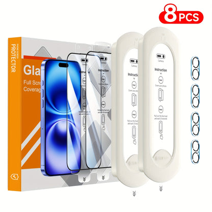 Screen Protector, 8-Piece iPhone Tempered Glass Set with Four Screen Films, Four Camera Lens Covers and Alignment Tools