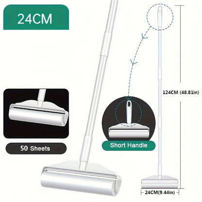 Extra-Long Adhesive Lint Roller with 49-Inch Segmented Handle and One Refill Roll for Pet Hair Cleanup