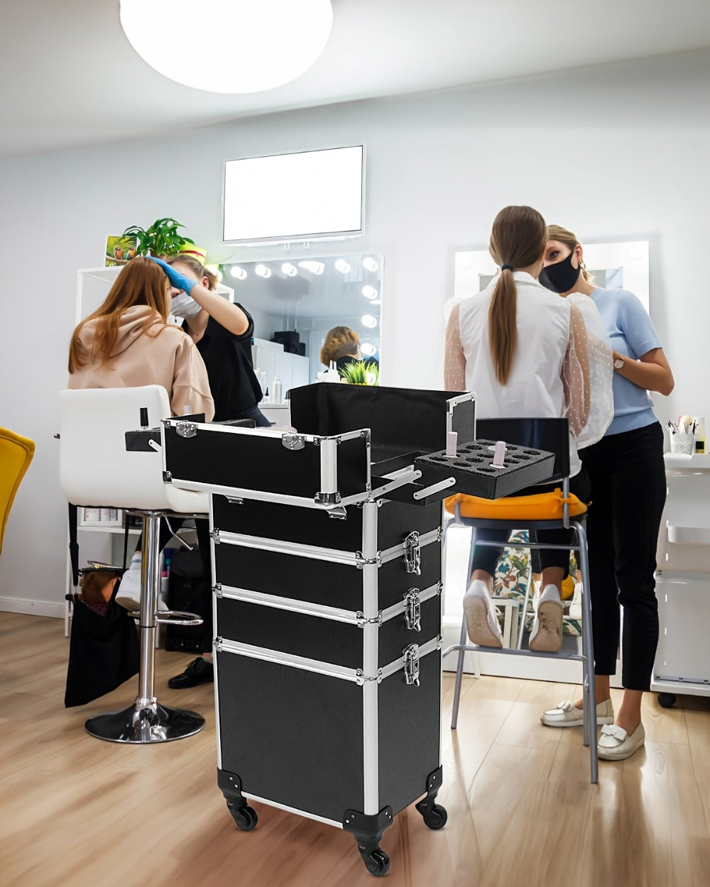 Black Four-Level Rolling Makeup Train Case with Telescoping Handle, Four Trays and Detachable Caster Wheels