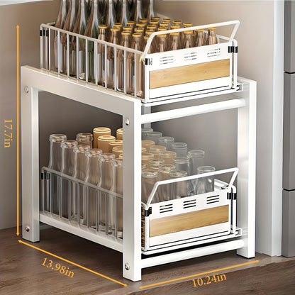 Two-Tier Pull-Out Cabinet Organizer with Dual Wire Baskets, 17.71 x 13.98 x 10.24 Inch Frame in Black or White