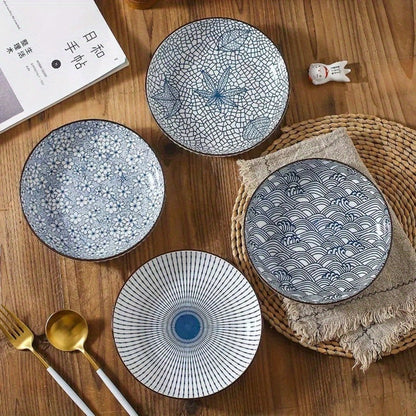 Japanese Ceramic Plates Set of 4, Floral Yamada Pattern Dinnerware, 7-Inch Round Serving Plates with Edge