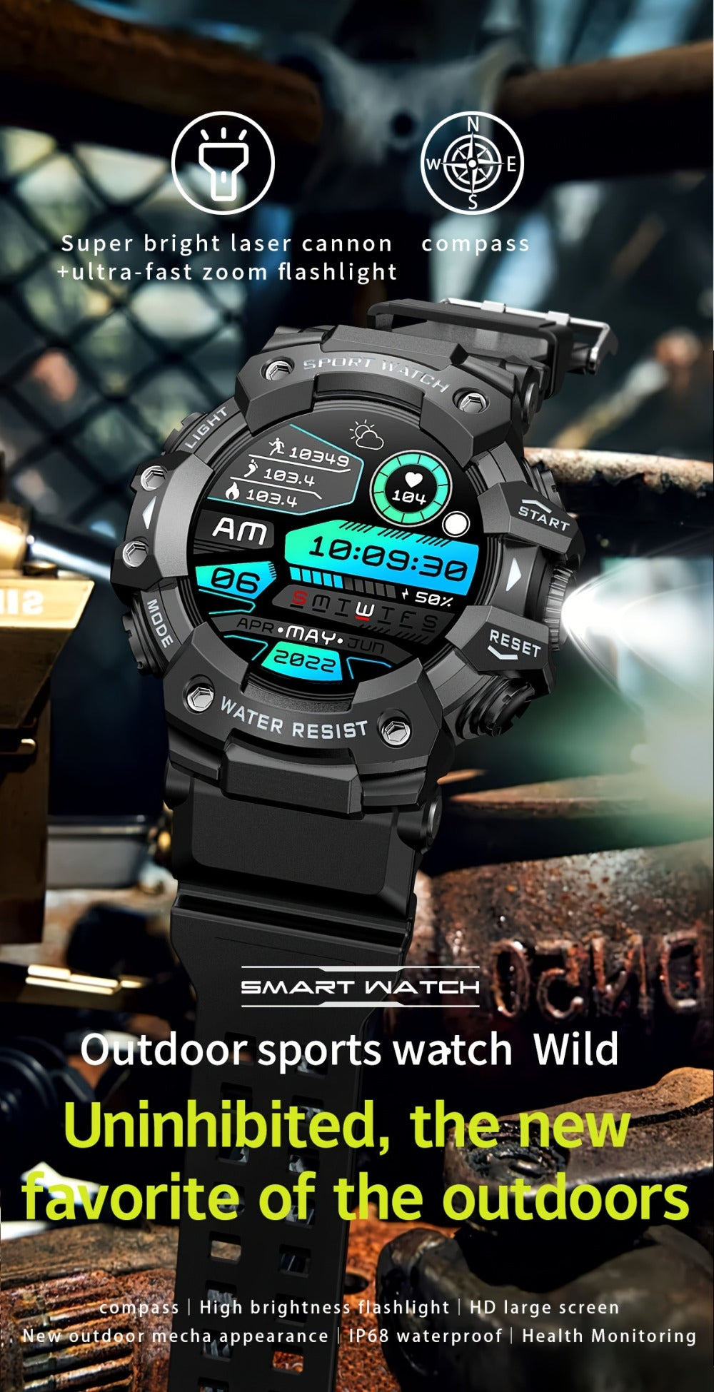 Smartwatch for Men 1.32 Inch Tactical Watch with LED Flashlight, SOS and 100+ Sport Modes in Eleven Colors