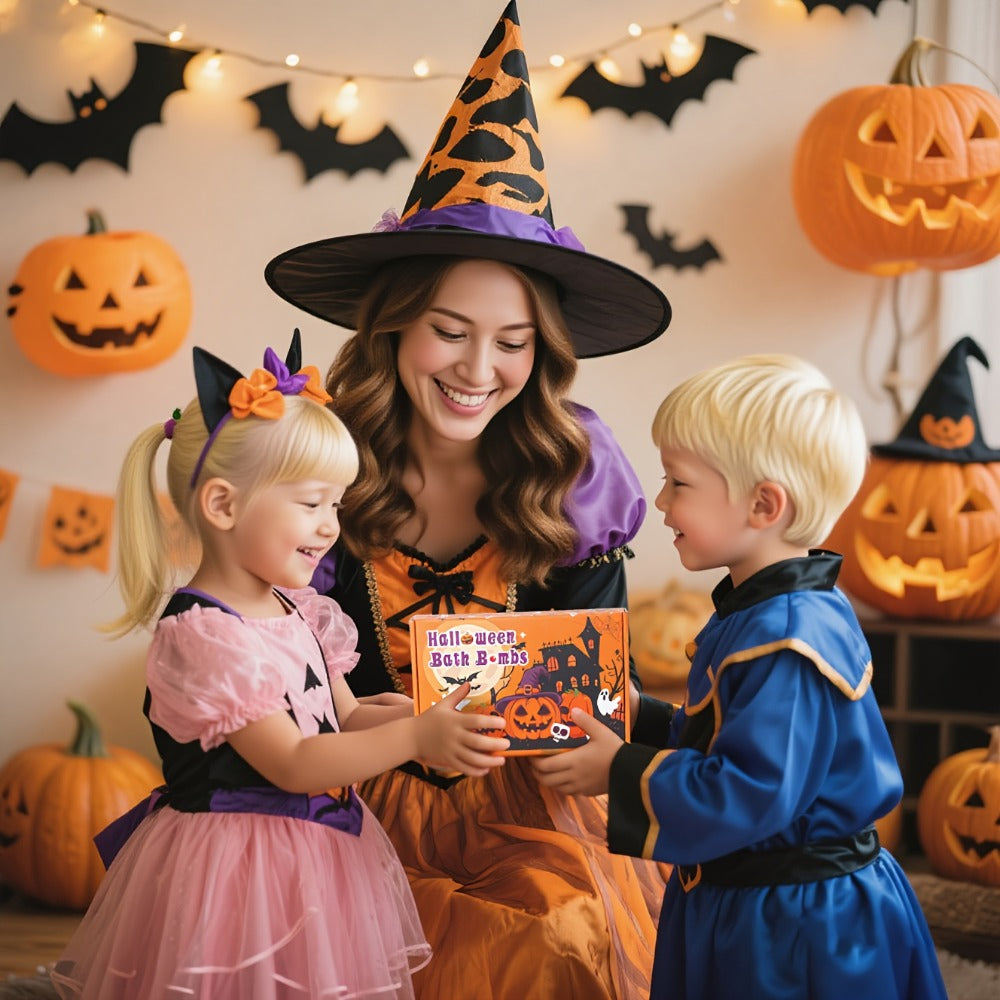 Bath Bombs, 5-Piece Halloween Gift Set with Pumpkin, Bat, Skull, Hat and Cat Shapes in Individual Wrappers