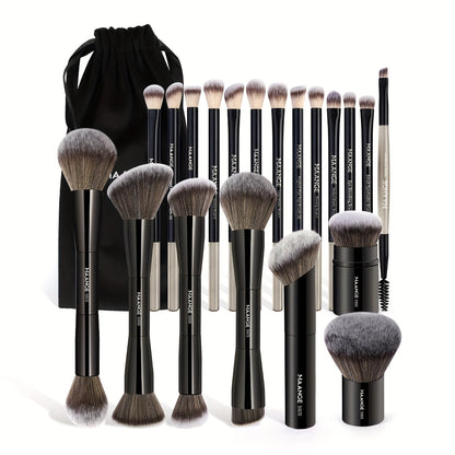 Professional Makeup Brush Set 20Pcs Metal Aluminum Tube Handle with Storage Bag Foundation Powder Blush Eye Shadow Kabuki Brushes for Women Travel Portable Multi-Function Black Gold