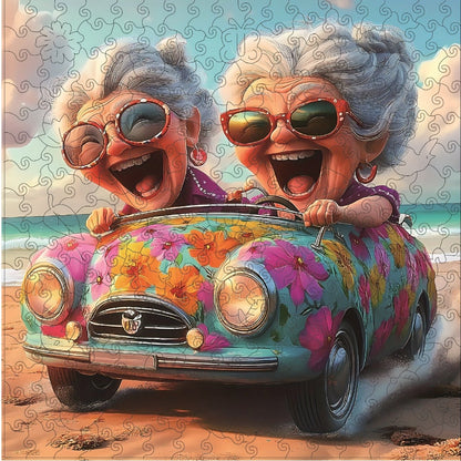 Happy Old Lady Wooden Jigsaw Puzzle with Irregular Pieces and 5.7 or 11.2 Inch Checkout Size Options