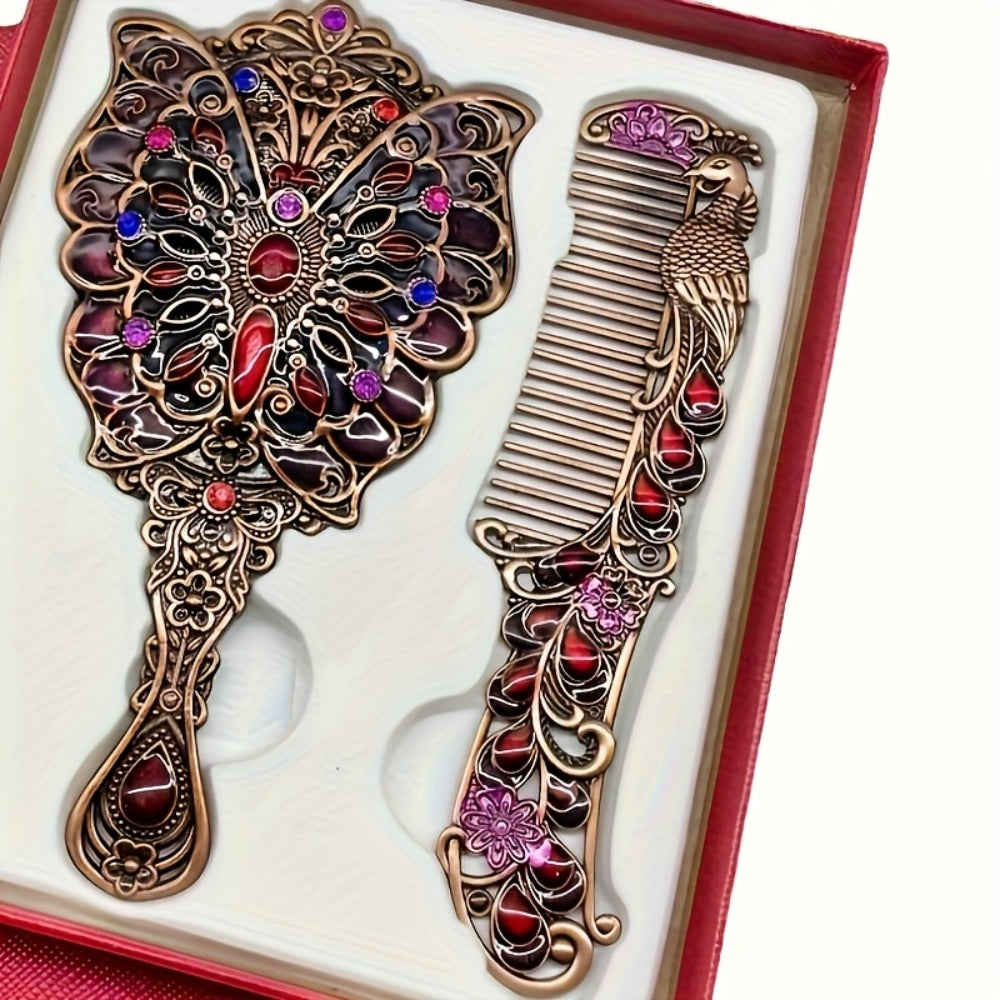 Decorative Peacock Comb and Handheld Mirror Two-Piece Set in Four Image-Bound Design Options