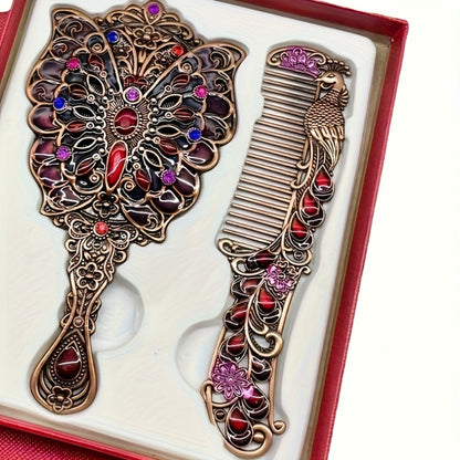 Decorative Peacock Comb and Handheld Mirror Two-Piece Set in Four Image-Bound Design Options
