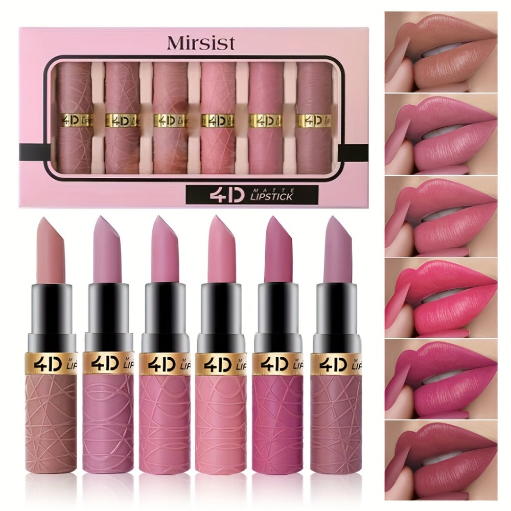 Lip Gloss Set by Mirsist with 6 Matte Lip Colors, Coordinated Nude and Red Tones and Display Case