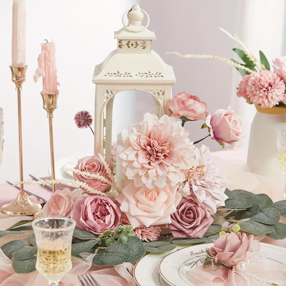 Pink Rose Dahlia Faux Flowers Box - Realistic PE Foam Artificial Flowers with Wire Stems for Entryways, Bedrooms and Living Spaces