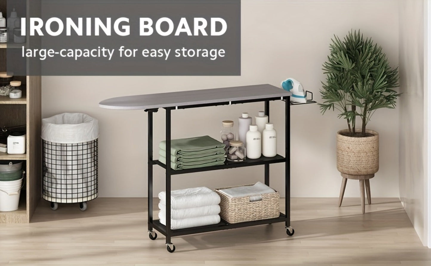 3-Tier Ironing Board Cart with Wheels – Rolling Laundry Station with Multi-Layer Storage Shelves for Living Room, Bedroom & Outdoor Use
