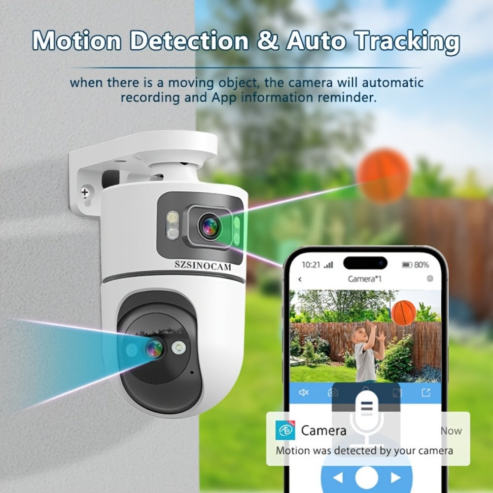 Dual Lens PTZ Outdoor Security Camera IP66 Weatherproof with Auto Tracking, Dual Screen, Night Vision, 2-Way Audio, Motion Detection & 2.4G WiFi – Wireless IP Cam for Home & Street Surveillance