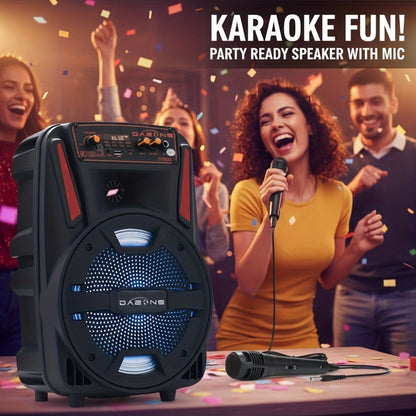 8-Inch Bluetooth Party Speaker with LED Lights & Wired Microphone – TWS Stereo Bass Boost, FM Radio, USB TF AUX Playback, Rechargeable Battery, Portable Wireless Speaker for Outdoor Parties & Karaoke