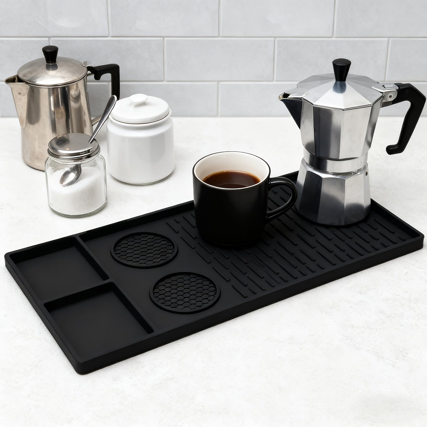 Coffee Bar Mat Silicone with Raised Edges 2-in-1 - Dish Drying Mat for Countertop, Coffee Maker Espresso Machine Mat, Spill Proof Kitchen Counter Mat 23.6" x 15.7", Black or Gray