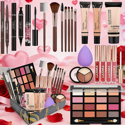Makeup Kit with 18-Color Eyeshadow Palette, Face, Lip and Eye Cosmetics, Brushes and Tools in a Red Gift Box