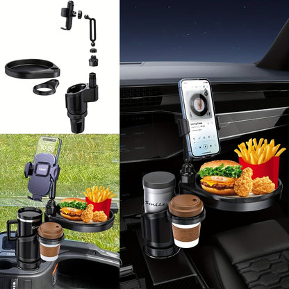 Car Cup Holder Expander with 7.7 Inch Tray, 2.7 Inch Drink Ring, Phone Mount and 58-86 mm Adjustable Base
