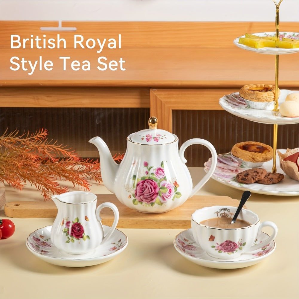 Floral Porcelain-Style Tea Service Set for Six in Five Coral, Peach, Rose, Peony or Spring Designs