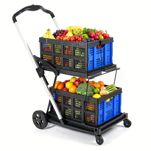 Two Tier Cart with 2 Storage Crates 360° Swivel Wheels, Heavy Duty Collapsible Shopping Trolley Folding Utility Cart for Groceries Picnic Office Multi-Use