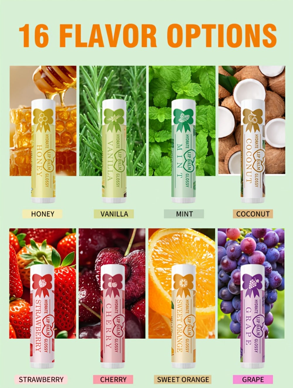 Lip Balm 16-Piece Assorted Flavor Set with Glossy Twist-Up Tubes and Orange Display Box Packaging