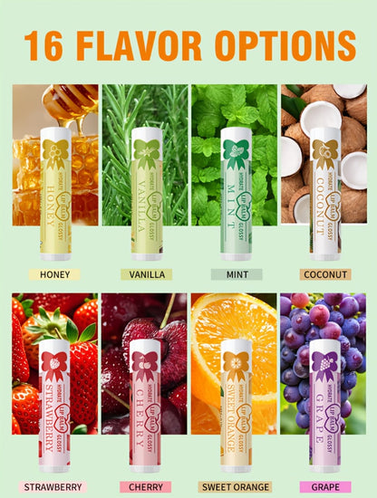 Lip Balm 16-Piece Assorted Flavor Set with Glossy Twist-Up Tubes and Orange Display Box Packaging