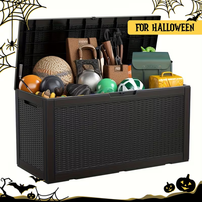 Large Gray Rattan-Look Outdoor Storage Box with 110-Gallon Pictured Capacity, Handles and Hinged Lid
