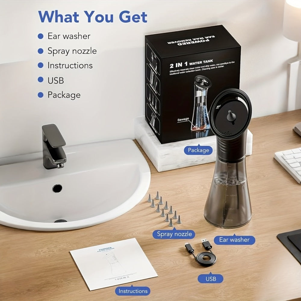 E80 Electric Ear Irrigation Kit with Three Modes, Dual Tank Sections, Temperature Display and USB Charging