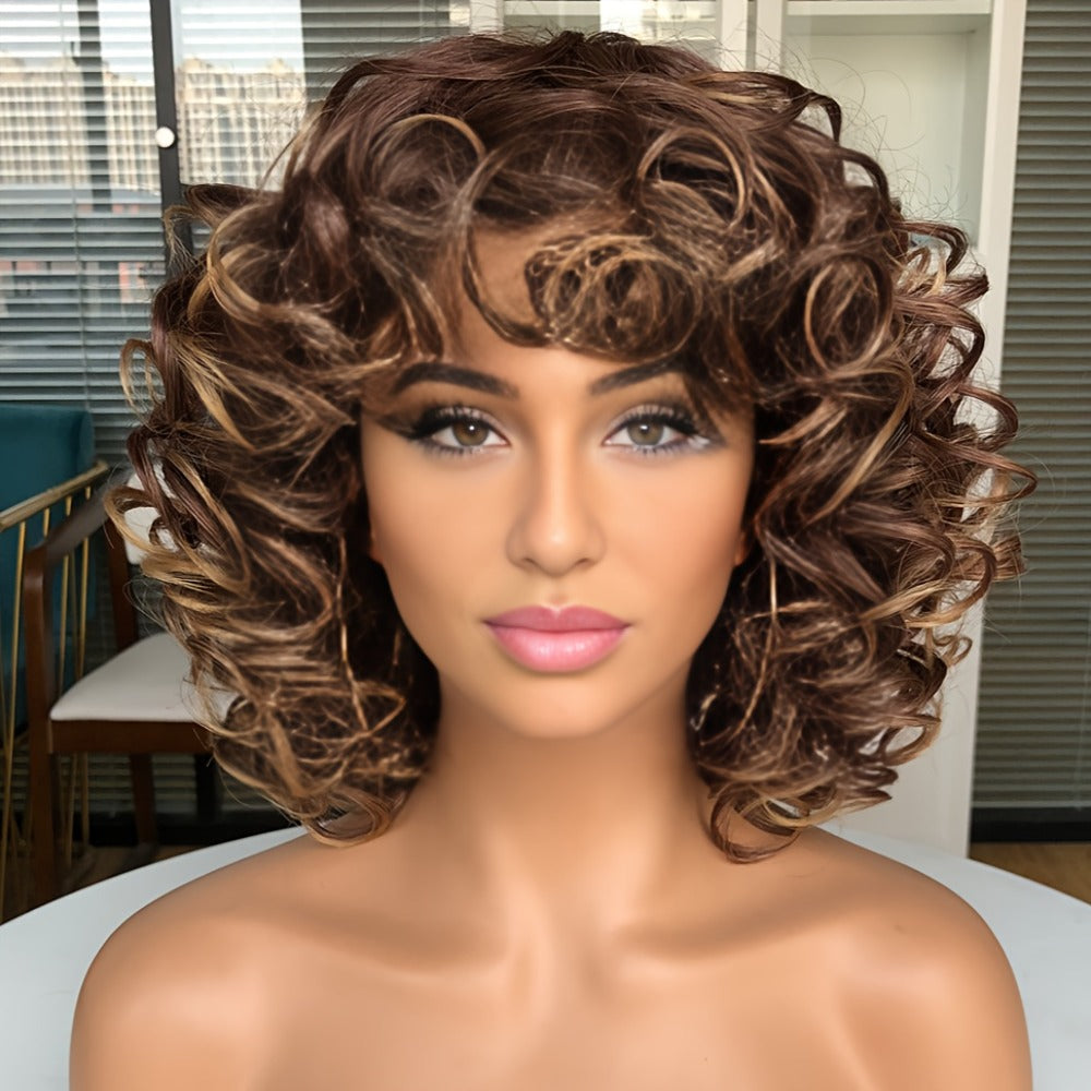 Synthetic Wig 14-Inch Jerry Curls with Wispy Bangs and 13x1 Lace Front in Three Colors for Daily Styling