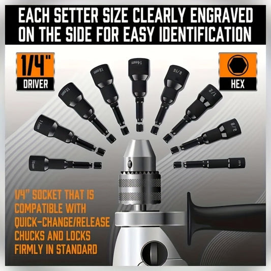 Magnetic Nut Driver Set 47pcs - Magnetic Screwdriver Bits & Socket Set, SAE 1/4"-9/16" & Metric 6-14mm, 1/4" Hex Shank, Strong Magnetism, for Drill & Impact Driver, Home & Professional Use