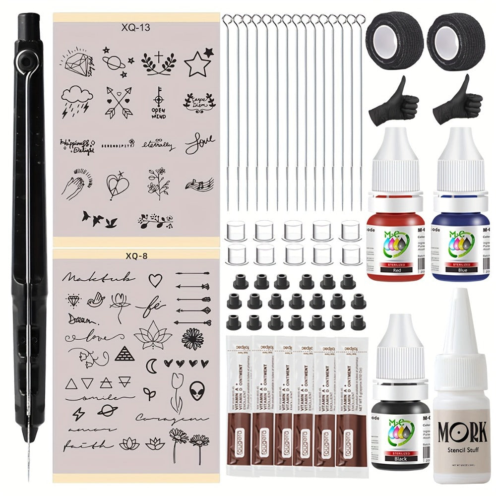 Manual Hand-Poke Tattoo Kit A02-3 with 14.3cm Pen Holder, Five Needles, Two Bottles and Transfer Accessories