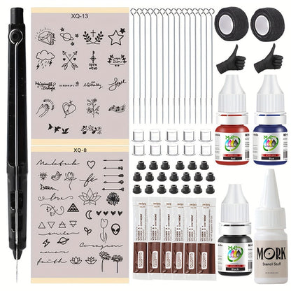 Manual Hand-Poke Tattoo Kit A02-3 with 14.3cm Pen Holder, Five Needles, Two Bottles and Transfer Accessories