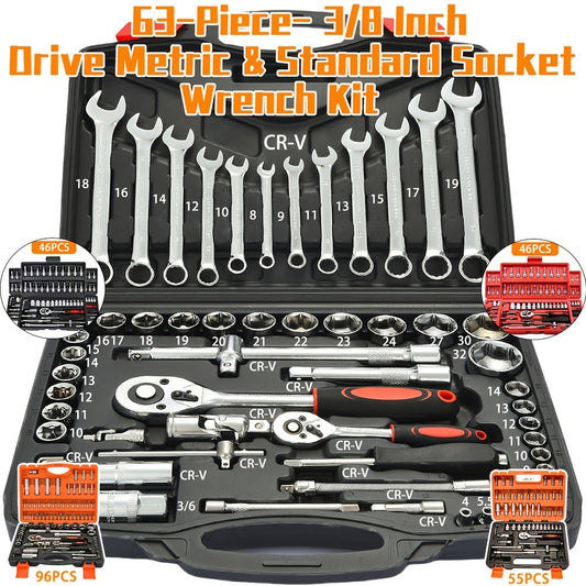 Professional Automotive Tool Set 55 / 63 / 96-Piece – Ratchet Socket Wrench Kit for Car & Bicycle Maintenance | High-End Mechanic Hand Tools with Storage Case