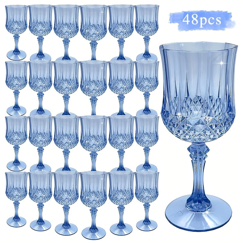 Plastic Champagne Glasses 48 Pack – 7oz Stemmed Crystal Clear Reusable Cups for Wedding, Party, Bridal Shower, Christmas, Halloween, Stackable Shockproof Vintage Stem Glasses, Transparent Green Blue