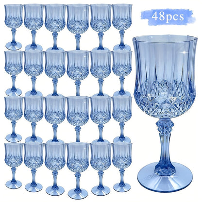 Plastic Champagne Glasses 48 Pack – 7oz Stemmed Crystal Clear Reusable Cups for Wedding, Party, Bridal Shower, Christmas, Halloween, Stackable Shockproof Vintage Stem Glasses, Transparent Green Blue