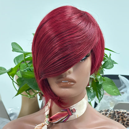 Layered Pixie Human Hair Wig with Side Bangs in #4 Brown, #99J Burgundy or #1 Black Color Options