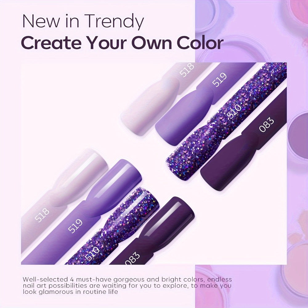 Dip Powder Nail Kit with NOCIS Label, Four Lilac Lavender Purple Glitter Powders, Three 10ml Liquids and Tools