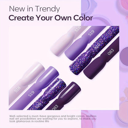 Dip Powder Nail Kit with NOCIS Label, Four Lilac Lavender Purple Glitter Powders, Three 10ml Liquids and Tools