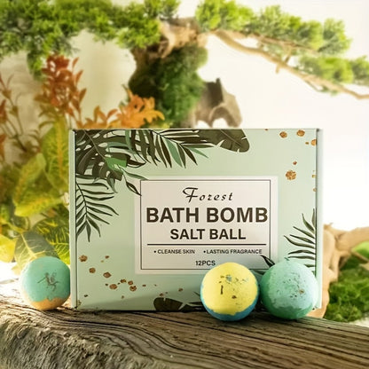 Bath Bombs, 12-Piece Extra-Large Gift Box with Assorted Colors, Labeled Scents and Forest Bath Ball Option
