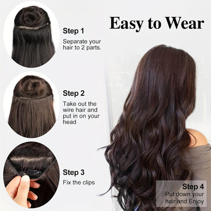 Invisible Wire Hair Extensions 22 Inch for Women — Transparent Fish Line 4 Clips Long Wavy Hairpiece for Thin Fine Hair, 7 Colors 1B 613 Ombre, No Glue No Heat Damage Free